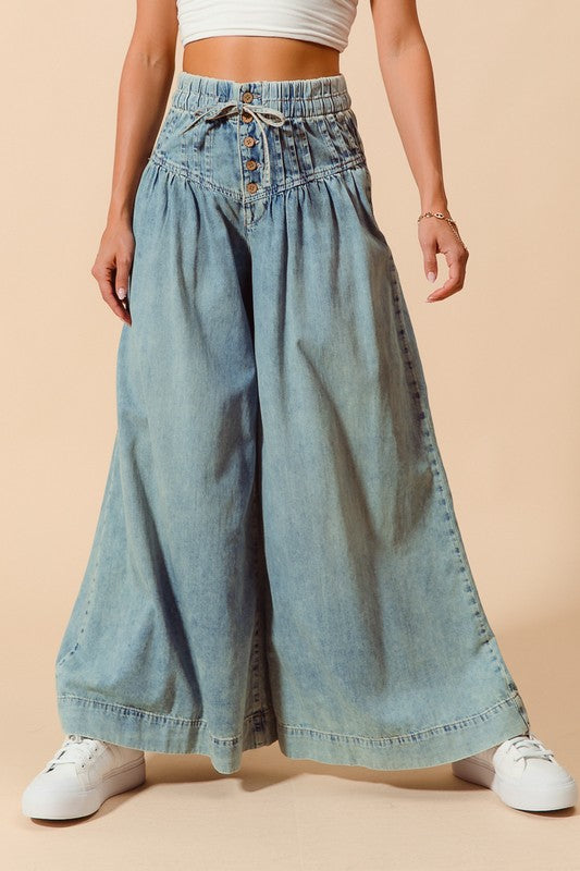 The Gia Bow & Button Wide-Leg Jeans