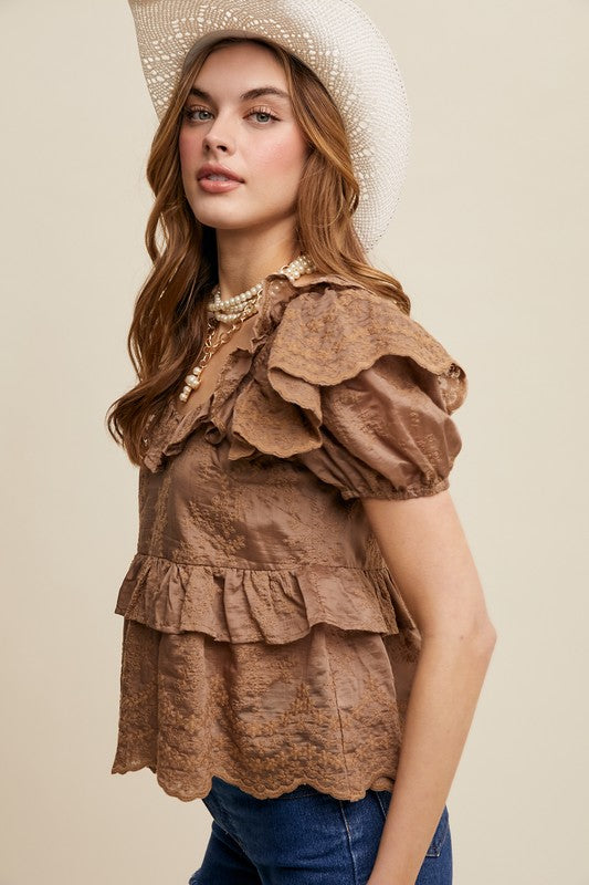 The Harlow Textured Ruffle Blouse – Mocha