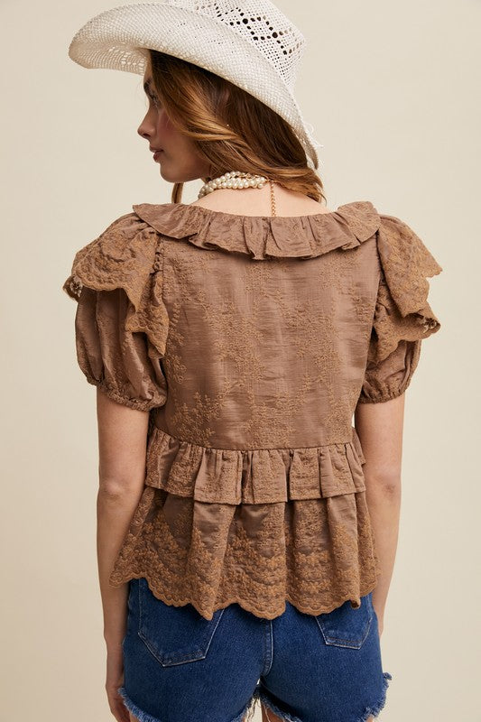 The Harlow Textured Ruffle Blouse – Mocha