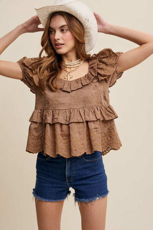 The Harlow Textured Ruffle Blouse – Mocha