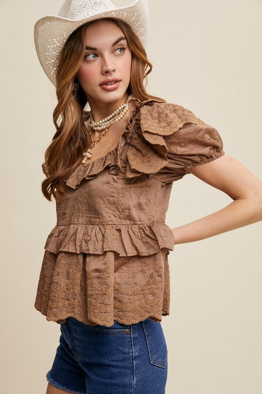 The Harlow Textured Ruffle Blouse – Mocha