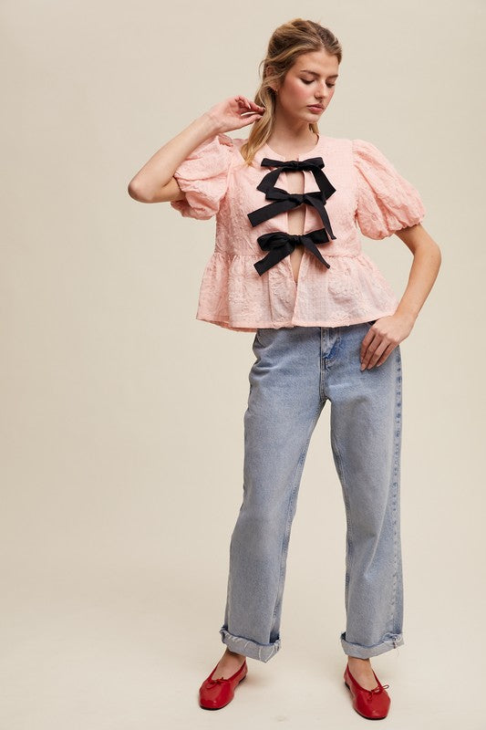 The Tahlia Embroidered Bow Blouse – Pink