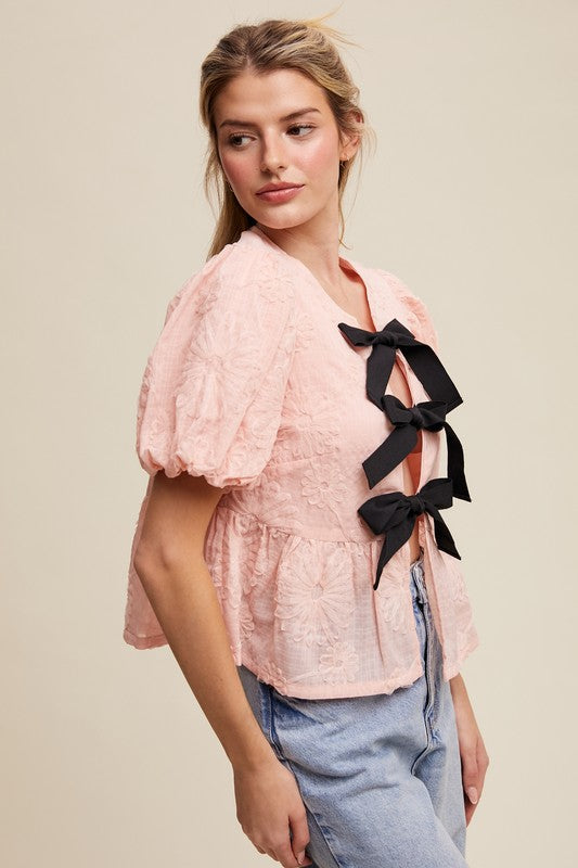 The Tahlia Embroidered Bow Blouse – Pink