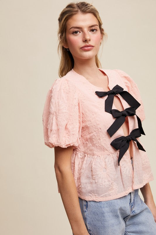 The Tahlia Embroidered Bow Blouse – Pink