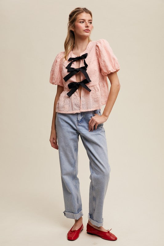 The Tahlia Embroidered Bow Blouse – Pink