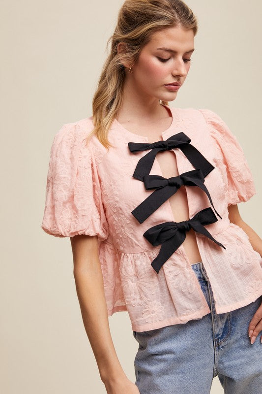 The Tahlia Embroidered Bow Blouse – Pink
