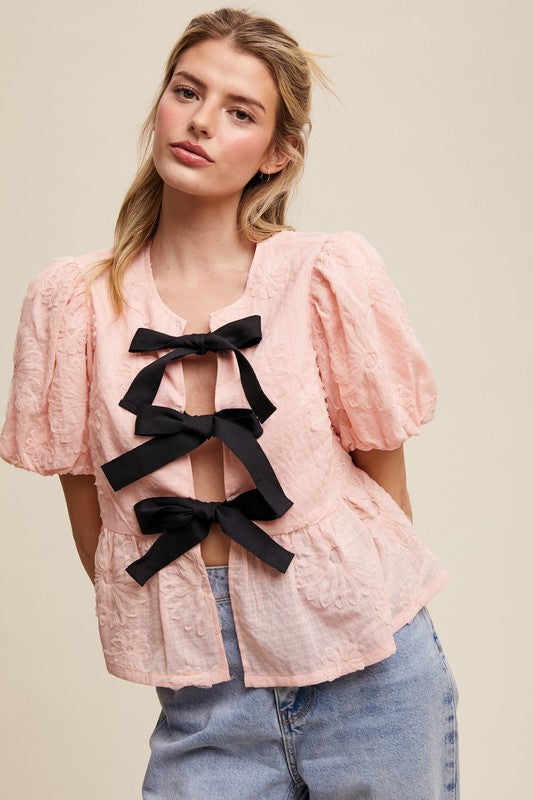 The Tahlia Embroidered Bow Blouse – Pink