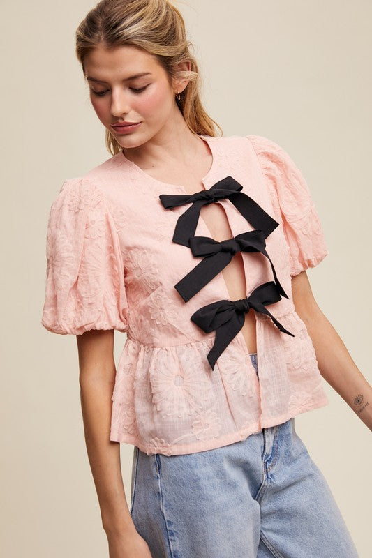 The Tahlia Embroidered Bow Blouse – Pink