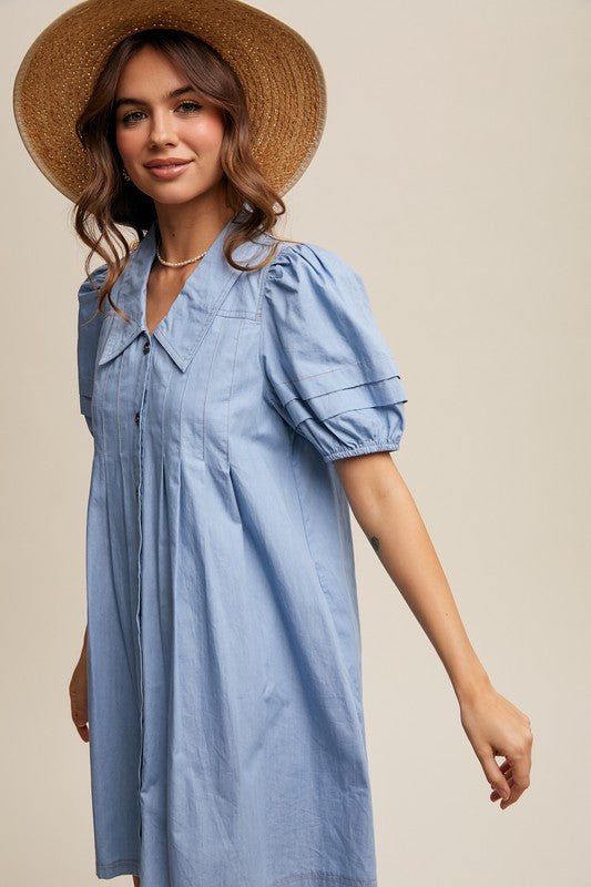 The Daphne Puff Sleeve Light Denim Button Dress