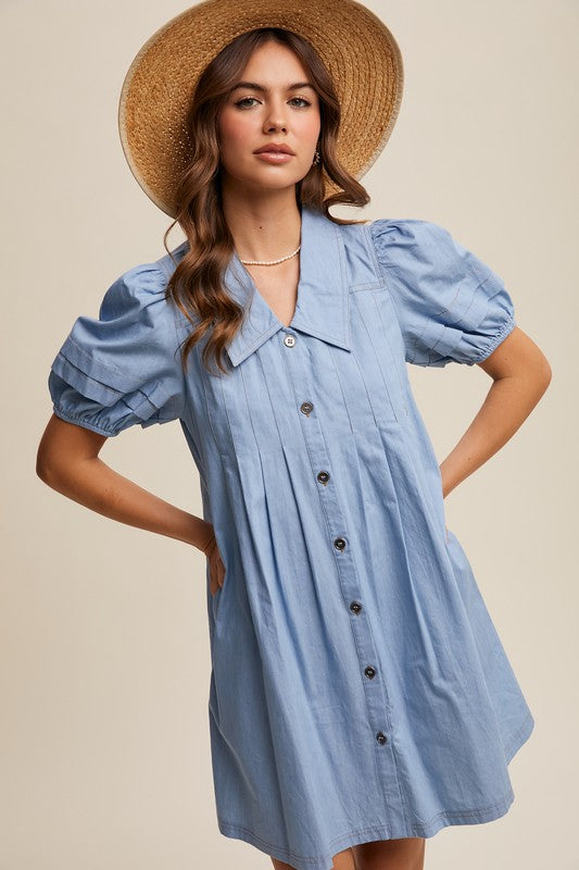 The Daphne Puff Sleeve Light Denim Button Dress