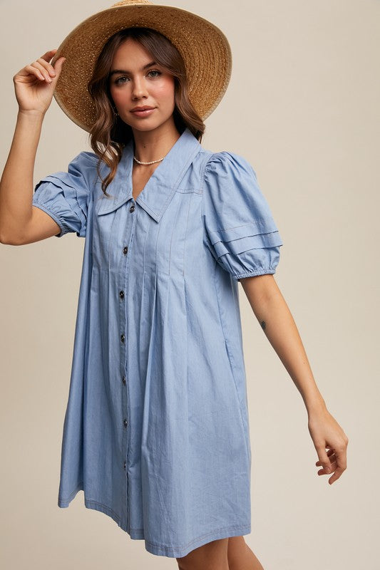 The Daphne Puff Sleeve Light Denim Button Dress