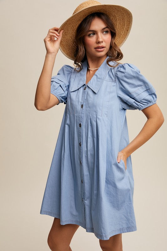 The Daphne Puff Sleeve Light Denim Button Dress