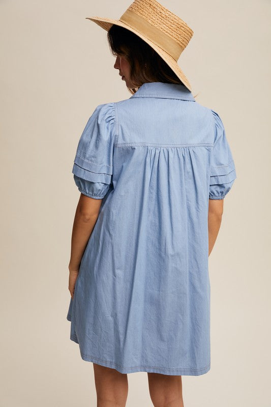 The Daphne Puff Sleeve Light Denim Button Dress