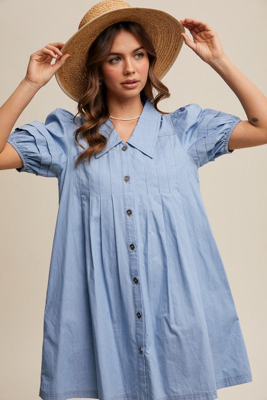The Daphne Puff Sleeve Light Denim Button Dress