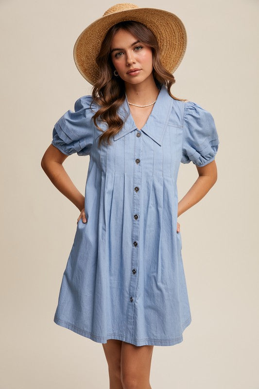 The Daphne Puff Sleeve Light Denim Button Dress