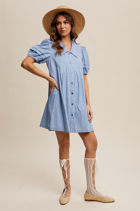 The Daphne Puff Sleeve Light Denim Button Dress