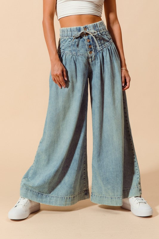 The Gia Bow & Button Wide-Leg Jeans