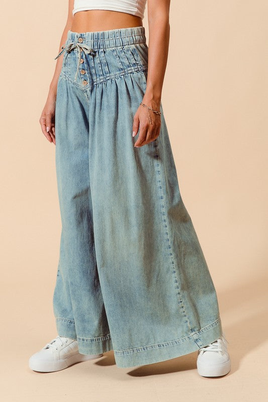 The Gia Bow & Button Wide-Leg Jeans