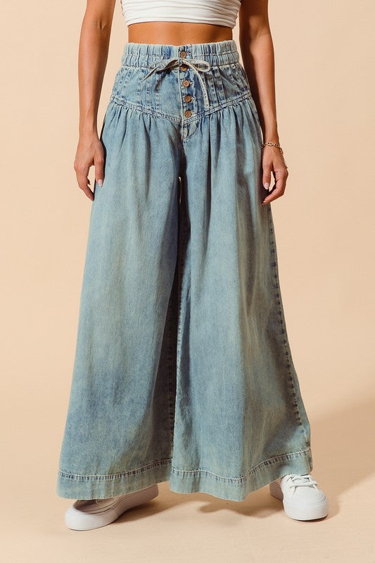 The Gia Bow & Button Wide-Leg Jeans