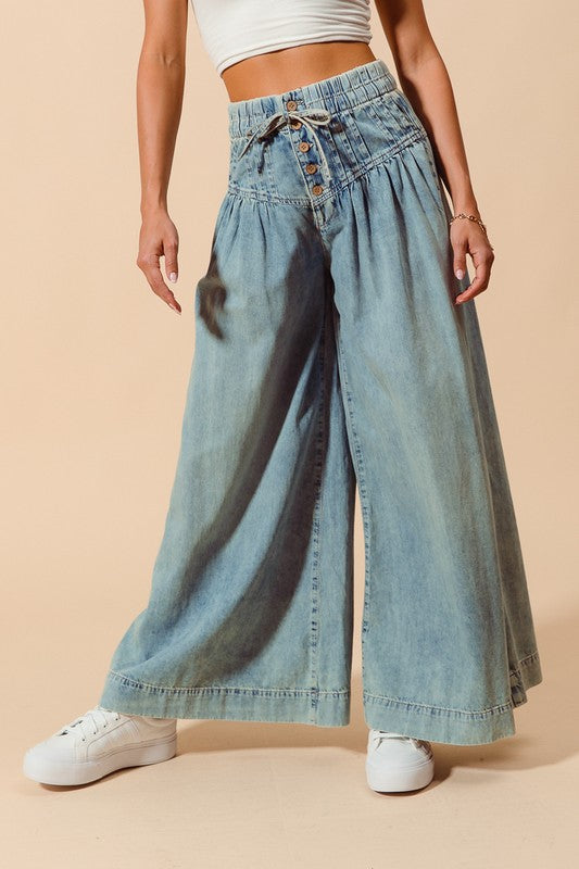 The Gia Bow & Button Wide-Leg Jeans