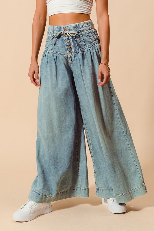 The Gia Bow & Button Wide-Leg Jeans