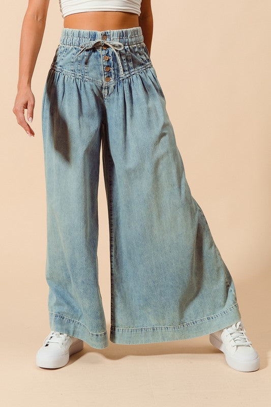 The Gia Bow & Button Wide-Leg Jeans