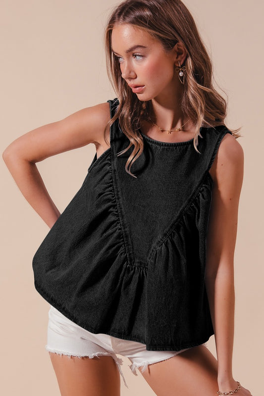 The Emmie Ruffle-Front Black Denim Tank