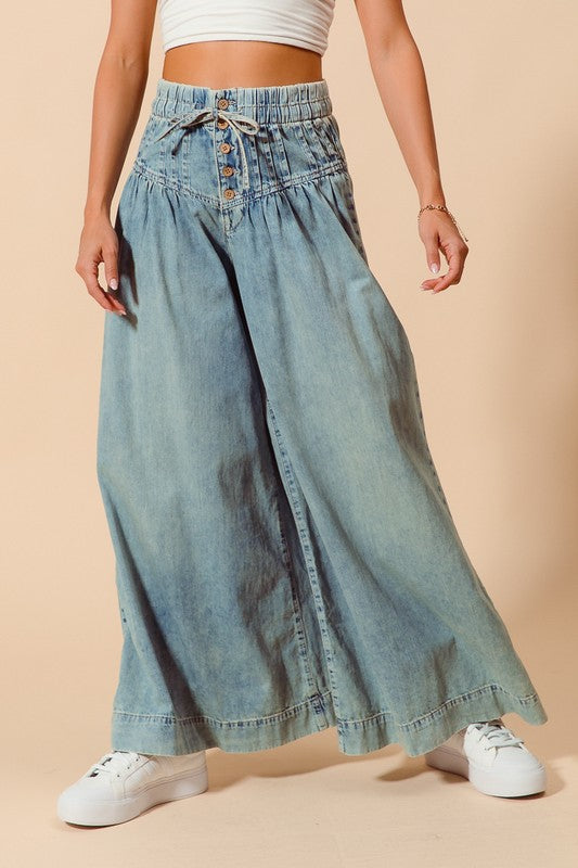 The Gia Bow & Button Wide-Leg Jeans