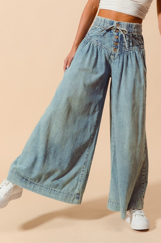 The Gia Bow & Button Wide-Leg Jeans