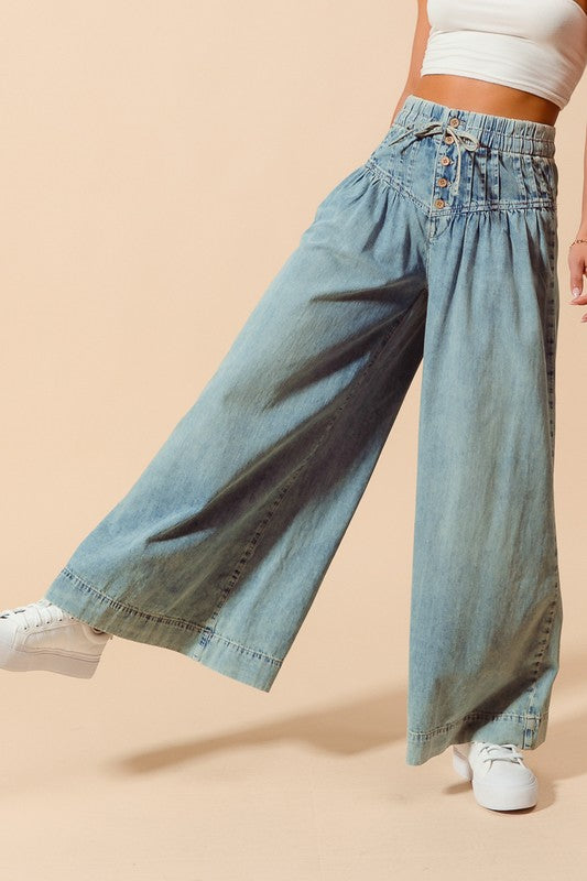 The Gia Bow & Button Wide-Leg Jeans