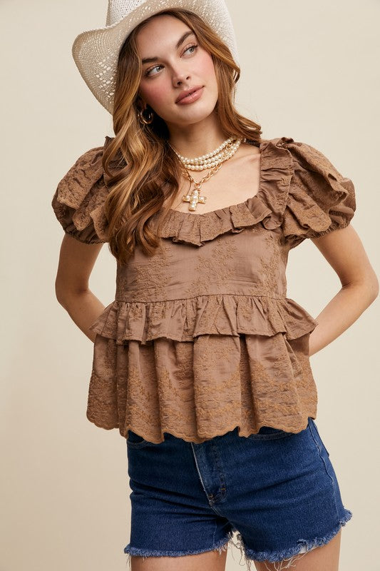 The Harlow Textured Ruffle Blouse – Mocha