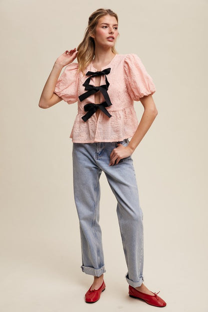 The Tahlia Embroidered Bow Blouse – Pink