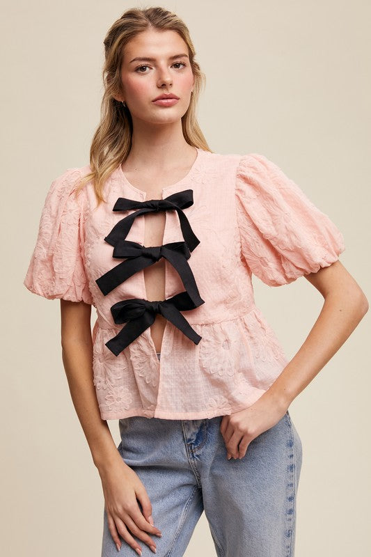 The Tahlia Embroidered Bow Blouse – Pink