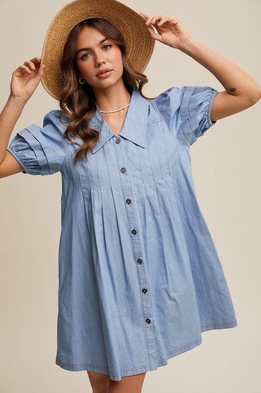 The Daphne Puff Sleeve Light Denim Button Dress
