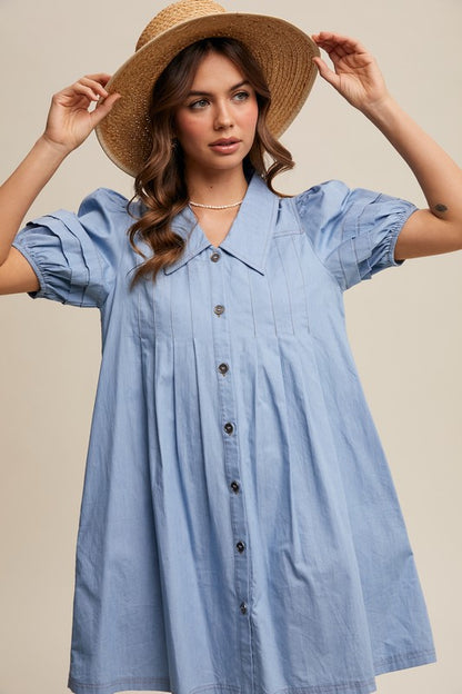The Daphne Puff Sleeve Light Denim Button Dress