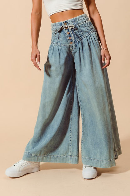 The Gia Bow & Button Wide-Leg Jeans