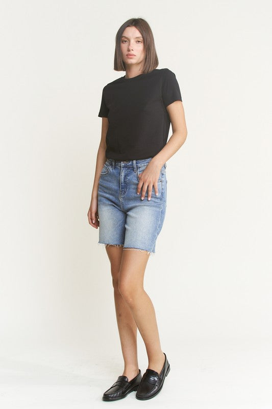 The Dani Raw Hem High Rise Bermuda Shorts