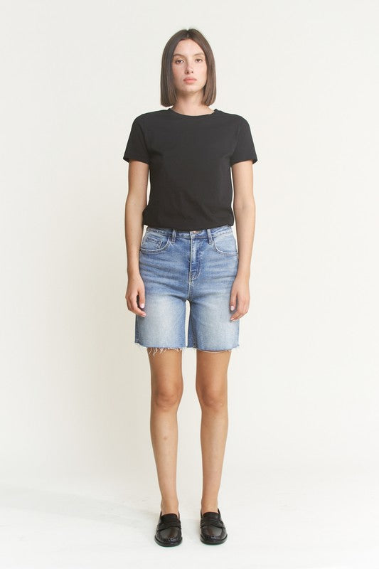 The Dani Raw Hem High Rise Bermuda Shorts