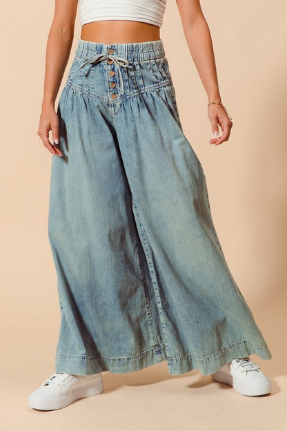 The Gia Bow & Button Wide-Leg Jeans